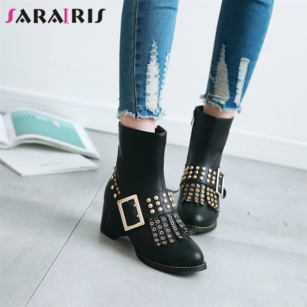 

SARAIRIS Plus Size 32-48 Ladies Chunky Heels Boots Women Fringe Rivet Retro Brand Ankle Boots Fashion Decoration Shoes Woman