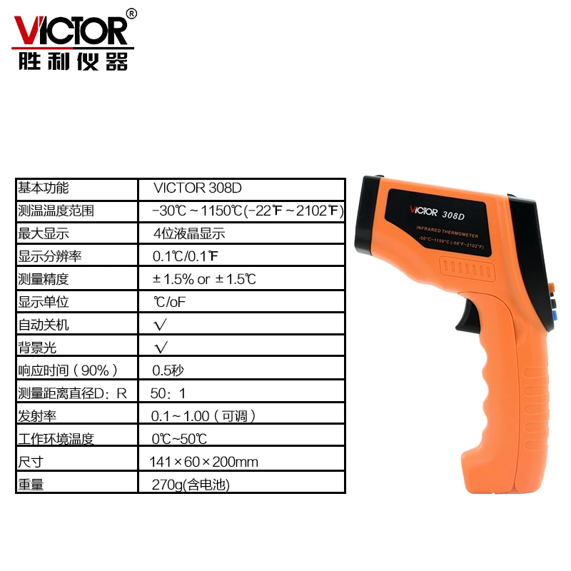 VICTOR VC308D цифровой Бесконтактный инфракрасный ИК термометр-30~ 1150C нагревательный прибор(промышленного класса