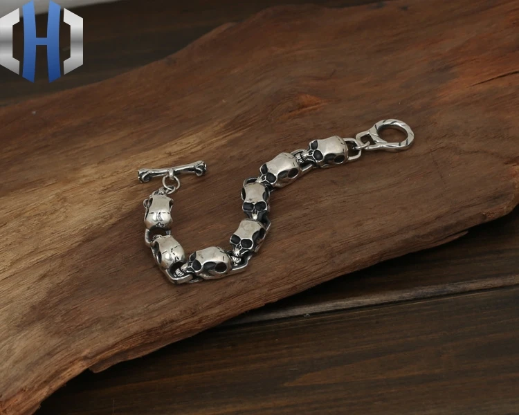 S925 стерлингового серебра ювелирные изделия Мужская мода ручной работы личности ретро Тайский Серебряный Средний череп браслет