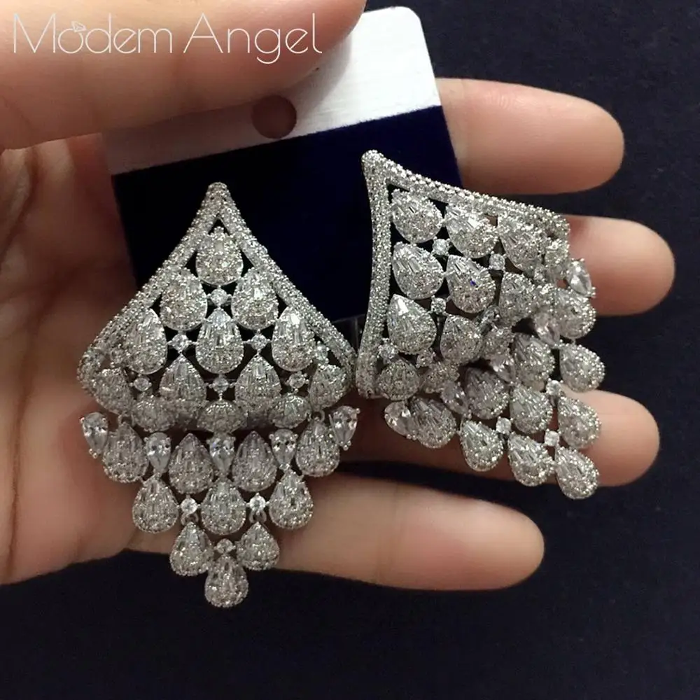 ModemAngel, Роскошные Длинные серьги-кольца в форме цветка, женские свадебные Большие серьги с кубическим цирконием, бижутерия