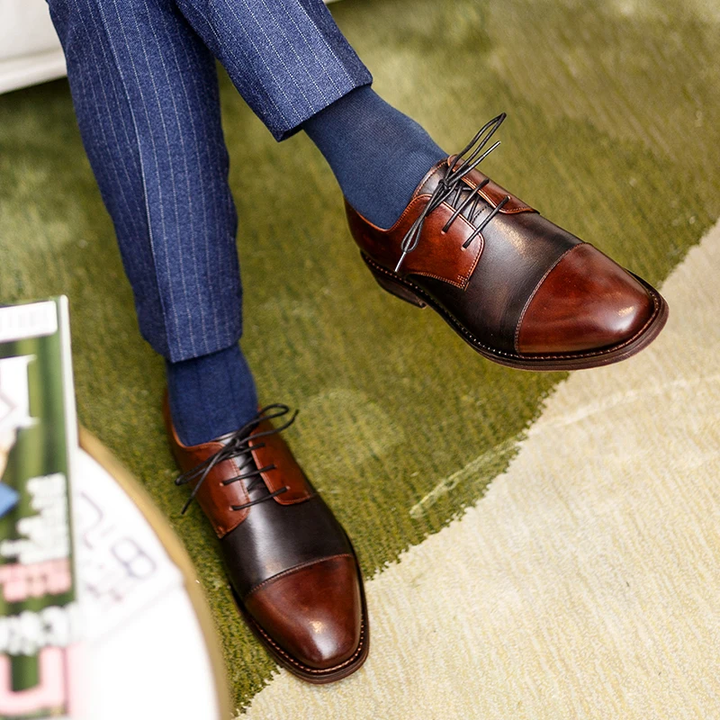 New Genuine leather handmade Men's Shoes Lace-up splicing Derby Shoes Men's business dress Shoes Bullock oxford male