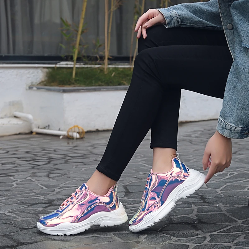 

2019 Spring New Women Sneakers Patent Leather Lace-Up Casual Sneakers Student Comfortable Walking Shoes
