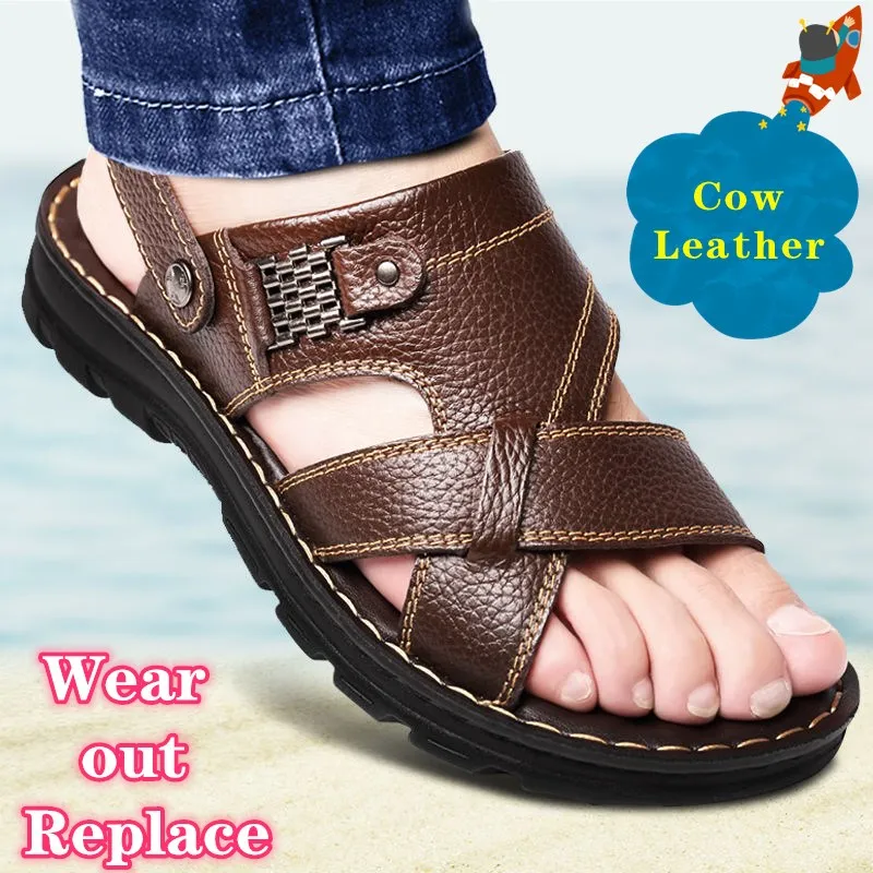 Sandalias antideslizantes impermeables de cuero de vaca para hombre, zapatillas de fondo suave, resistentes al desgaste, transpirables de doble uso