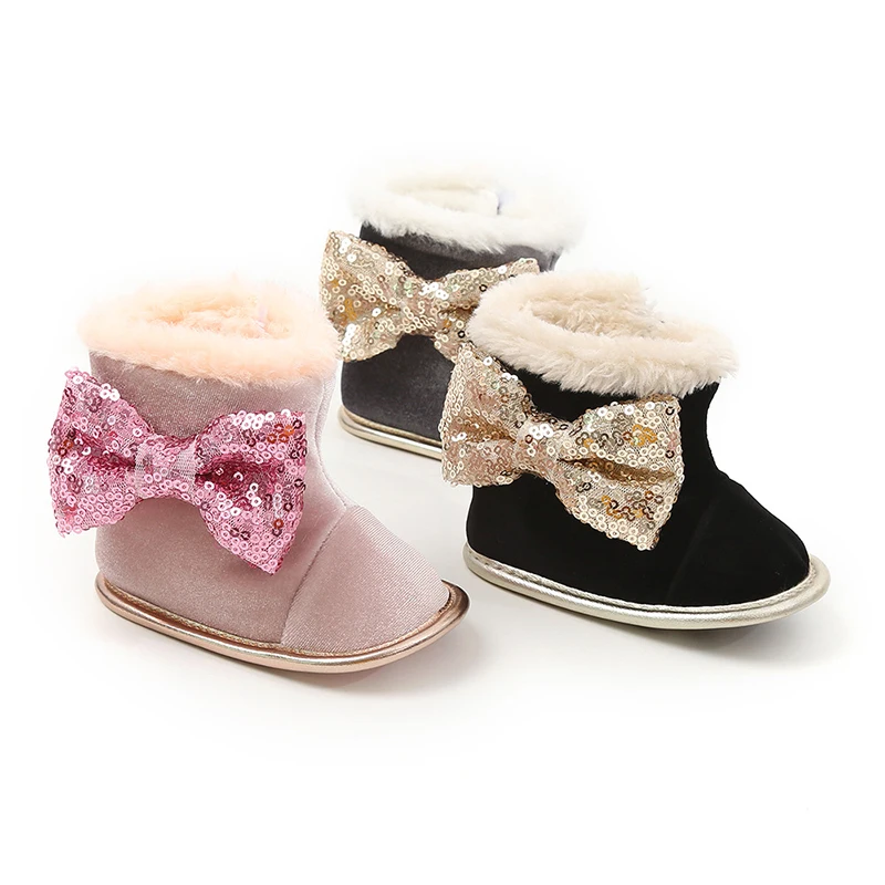 Однотонные блестящие туфли из мягкой для снежной погоды для малышей, младенцев и для маленьких девочек; детский пинетки для младенцев теплые зимние сапоги с цветочным принтом детские сапоги обувь для девочек новорожденных Snekers