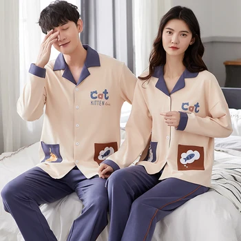 

XIZOU New Couple Sleepwear Cotton Satin Pajamas Set Button-Down Pyjamas Suit Pijama Women Men Loungewear Plus Size Pj Set