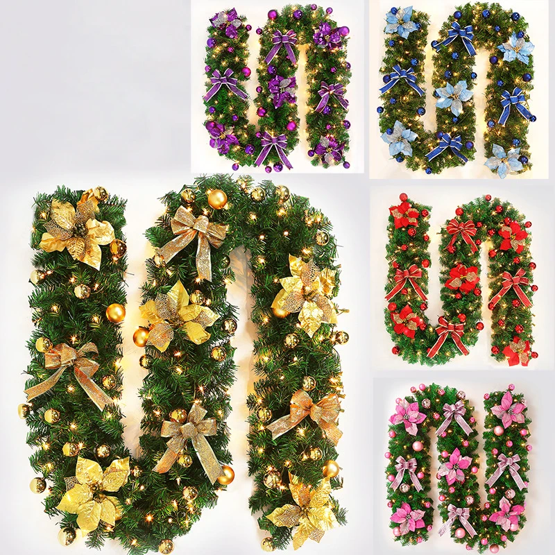

1pc Christmas led garland Christmas green rattan with bow and lights Xmas decoration home new year party decoration supplies