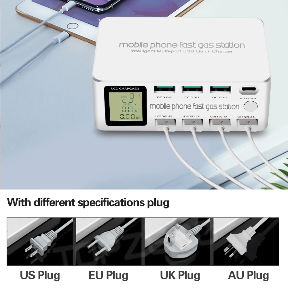 - 8 Port Smart USB Charger 100W Quick Charge 30 PD 30 Fast Charge Adapter LCD Multi USB Charger Station For IPhone X XS Samsung