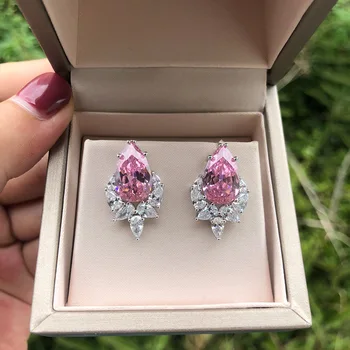 

CMajor Sterling Silver Solid S925 Fine Jewelry Pink Green Light Blue Drop Shape Cubic Zircon Classic Stud Earrings for Women