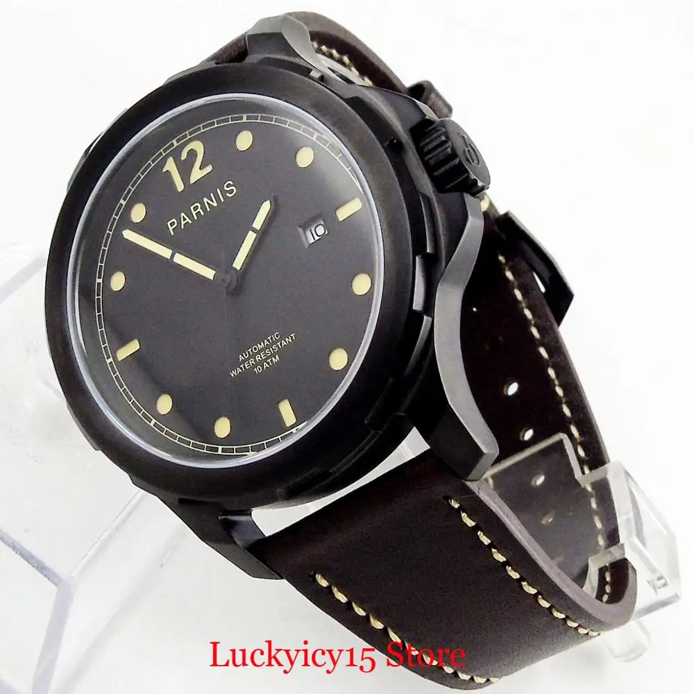 PARNIS Classic PVD Black Men Watches Date Window 44mm Self Winding Wristwatch Sapphire Crystal Automatic Movement