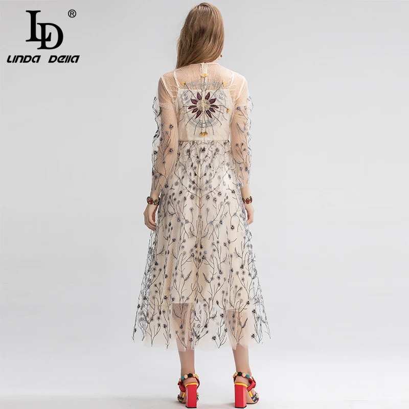 LD LINDA делла весенние модные Подиумные элегантные вечерние женские платья с длинным рукавом винтажное платье из тюля с вышивкой