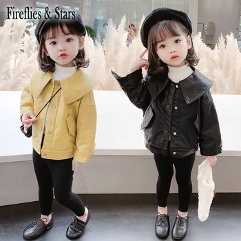

Spring Autumn girls PU Jacket baby coat outwear for kids streetwear clothes fashion faux leather pocket petal collar 2 to 7 yrs