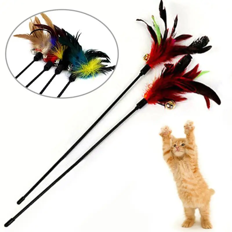 60CM Colorful Cat Toy Kitten Teaser Stick With Ring Bell Feather Cat