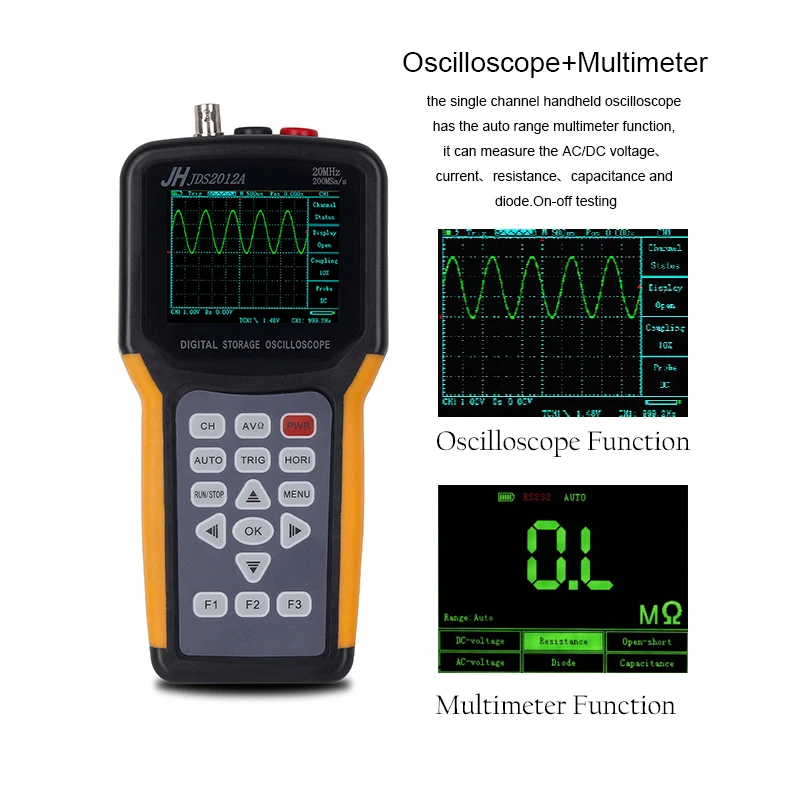 

Handheld Digital Oscilloscope JDS2012A Multifunction Oscilloscope AC100-240V 20MHz 200MSa/s Sample RateCar Repair Multimeter