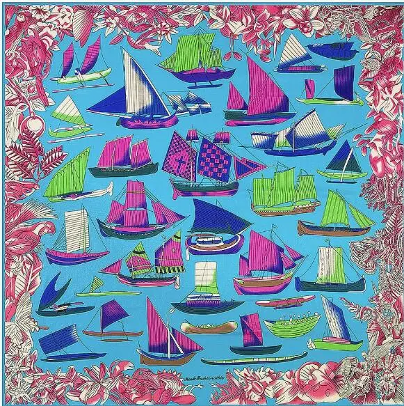 

New Design 130cm*130cm Silk Euro Brand Women Sailing Boat Ship Vessel Floral Printed Silk Square Scarf Femal Fashion Shawls