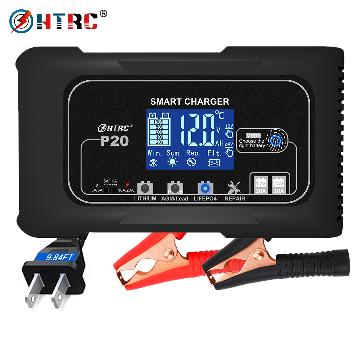 HTRC 12V/24V 20A Full Automatic Car Battery Charger For Motorcycle Lithium Lifepo4 GEL AGM Wet Lead-Acid Battery Repair Charger