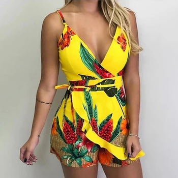 

Ladies Slim Jumpsuit Temperament Printed Sling One-piece Shorts Women's V-neck Sling Sleeveless Fashion One-piece Shorts