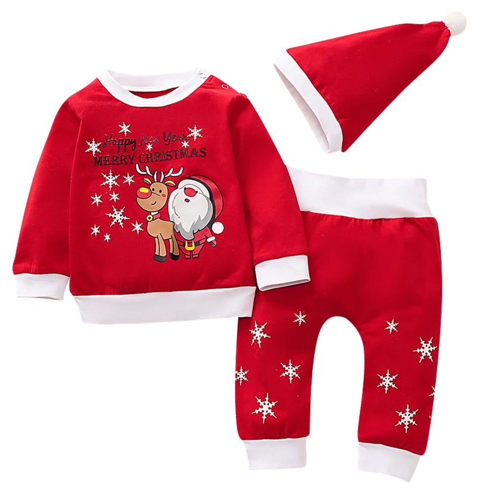 

Christmas Baby Boys 3pcs Set Red Elk Sweatshirt And Long Pants Outfits With Christmas Hat Winter Cut Baby Kid Set Clothes D30