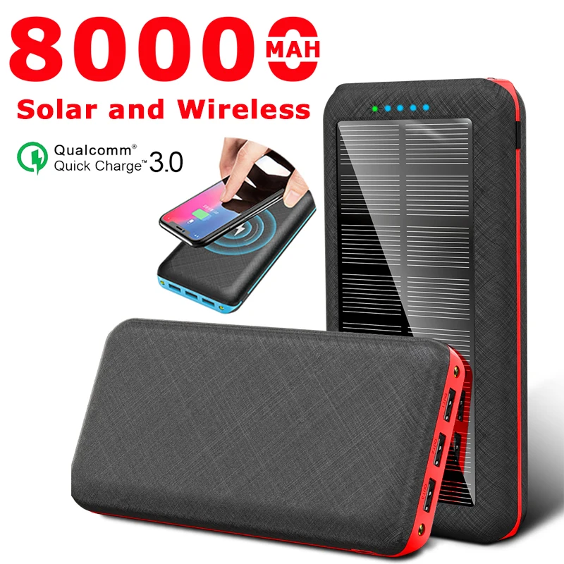 Banco de energía Solar Qi de 80000mAh, cargador inalámbrico portátil para exteriores, cargador de teléfono para 3USB Xiaomi, Samsung, Iphone