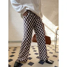 

Textured Velvet Design Checkerboard High Waist Trousers 2021 Autumn New Slim Wide Leg Pants SN0675 Streetwear Women Plaid Pants