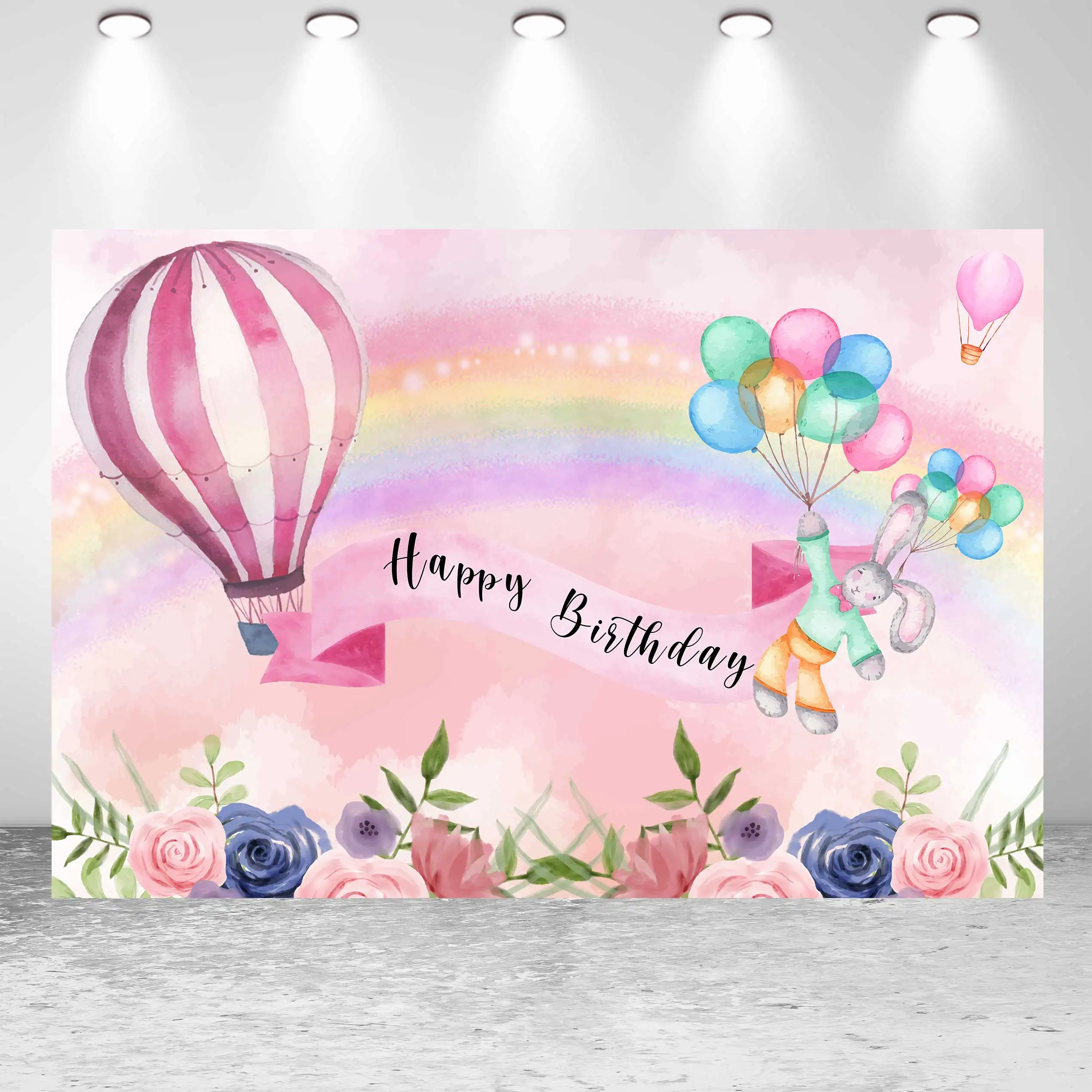 

NeoBack Happy Birthday Baby Shower Bunny Watercolor Hot Air Ballon Flower Party Banner Photo Backdrop Photography Background