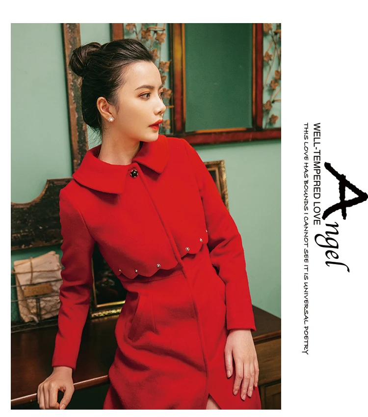 Winter Red Woolen Coat Vintage Chinese Style Slim Doll collar Women Wool Overcoat New Rivet Stitching False Two Piece Outerwear