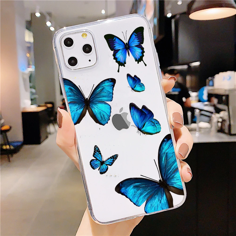 Телефонные чехлы с синей бабочкой для iPhone 11 Pro чехол 7 8 Plus X XS Max XR 6 6S 5 5S SE 2020 мягкий С