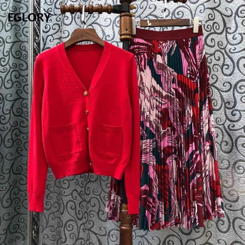 

2019 Autumn Cardigan Sweater Sets Women Wool Cardigan Jacket+Abstract Print Mid-Calf Length Pleated Skirt Set Casual Suits 2pc