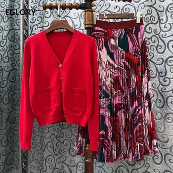 

2019 Autumn Cardigan Sweater Sets Women Wool Cardigan Jacket+Abstract Print Mid-Calf Length Pleated Skirt Set Casual Suits 2pc