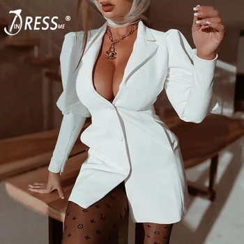 

INDRESSME 2019 New Fashion Full Puff Sleeve Women Casual Office Mini Dress Sexy Deep V Neck Women White Blazers Dress Winter Hot