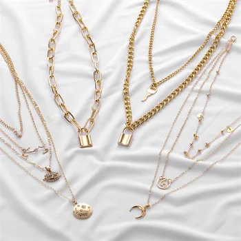 

FNIO Boho Multi Layer Lock Pendants Necklaces For Women Long Gold Metal Key Moon Necklace 2020 New Design Fashion Jewelry Gift