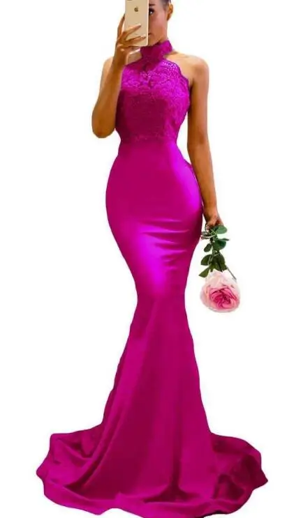 rose pink Сексуальные Платья для подружек невесты с аппликацией на шее, кружевные Длинные Платья для подружек невесты, вечерние платья для свадеб с открытыми плечами - Цвет: rose pink