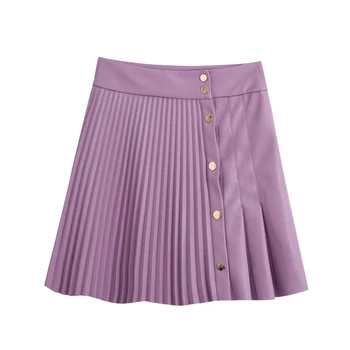 

Women Single breasted Pressed Pleat PU Leather Mini Skirt 2020 New Casual Ladies Solid Pleated Skirt P1857