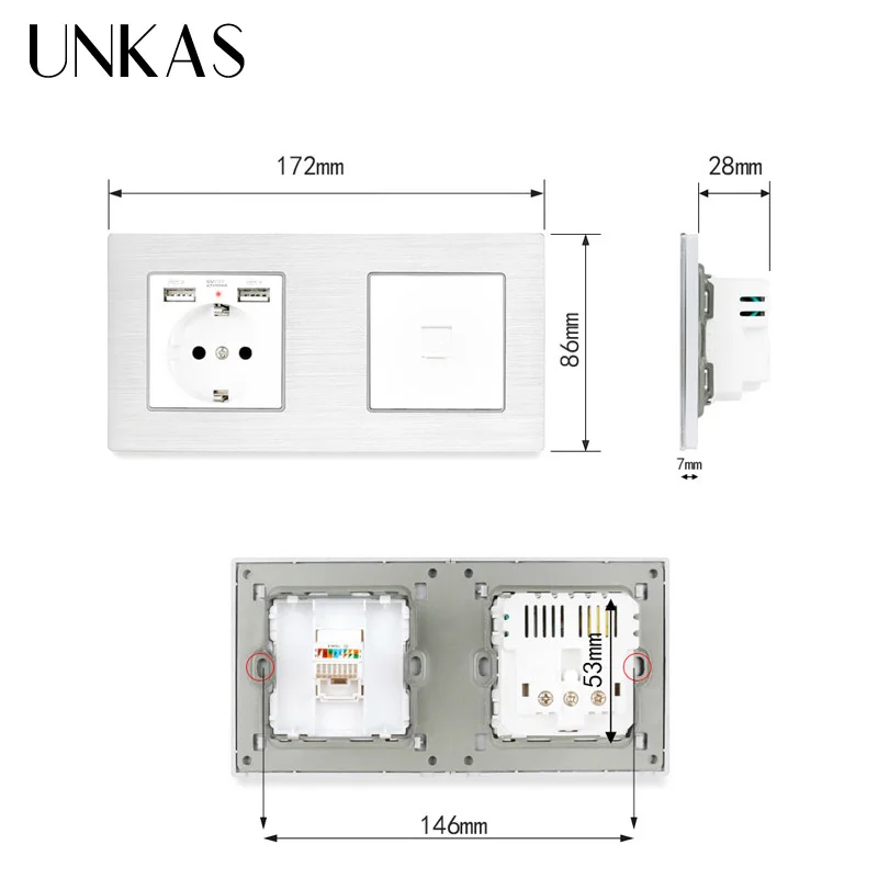 Панельная розетка UNKAS европейского стандарта с двойным USB разъемом + 1 коннектор
