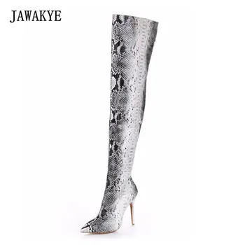 

Snakeskin Women Boots New Fashion Pointed Toe High Heels Over The Knee Boots Sexy Snake Pumps Lady Side Zipper Long Boots