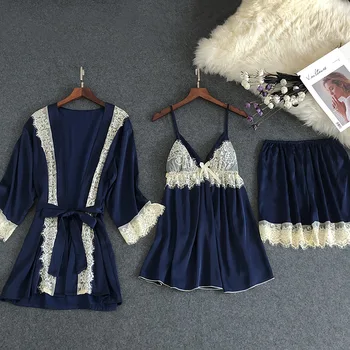 

Sexy Lace Women Robe Set Satin 3PCS Sleepwear Silky Robe&Nighty&Shorts Female Sleep Set Casual Kimono Robe Gown Home Wear