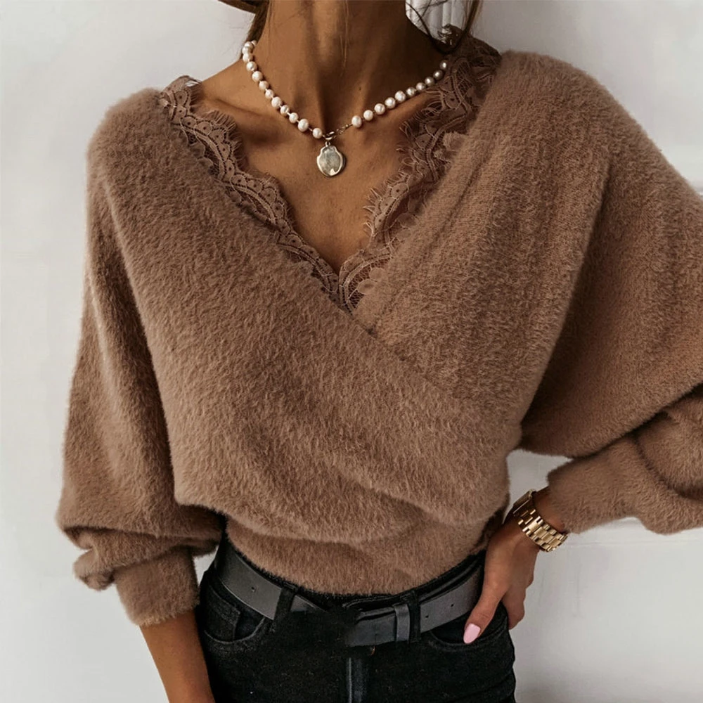 yellow sweater Fall Elegant Plush Sweater Solid Color Lace Splicing V-Neck Long Sleeve Stretch Crop Pullover Women Ladies Fashion Wild Clothes woolen sweater