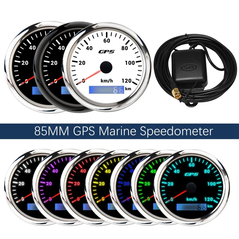 85MM GPS Marine Speedometer 0-120KM/H 7-Color Backlight Digital Odometer For Yachts Boats |