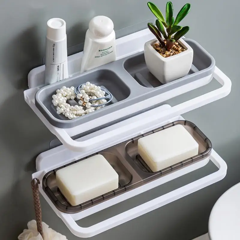 

Practical Wall Mounted Double Grid Holder Shower Soap Sponge Drain Storage Organizer Racks Bathroom Storage Shelves