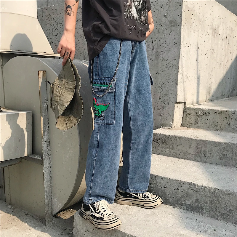 Новые джинсы для женщин Harajuku Мультяшные джинсы милые джинсы с динозавром свободные брюки с высокой талией хлопковые большие комбинезоны с карманами женские брюки