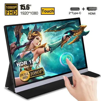 Портативный монитор с сенсорным экраном 15,6 дюйма, IPS-экран, USB Type C, HDMI-дисплей для PS4, Switch, XBOX, Samsung, Huawei, с умным чехлом 1080