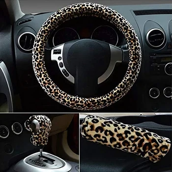 

Leopard-Print Car Steering Wheel Cover Anti-Slip Luxurious Plush Universal Fit Warm Soft Leopard-Print Steering Wheel Cover Thre