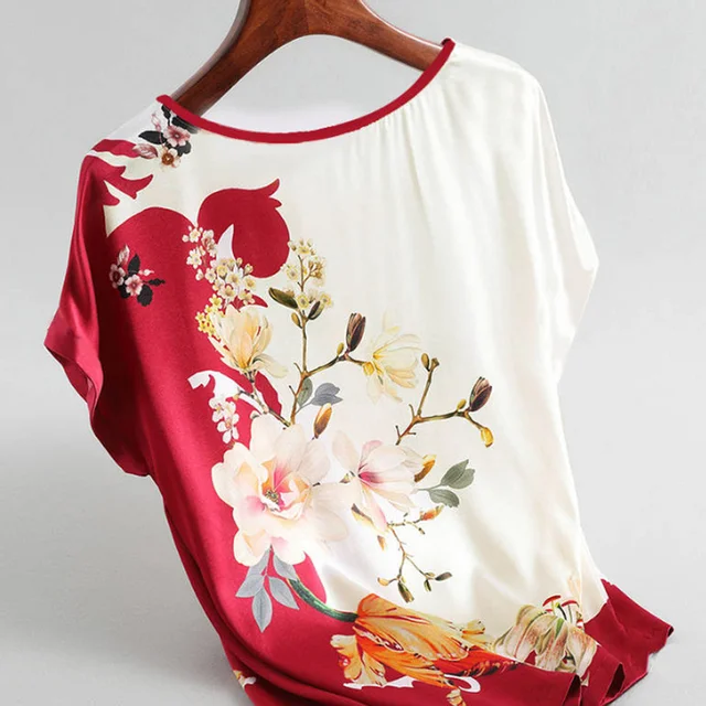 Fashion Floral Print Blouse Pullover Ladies Silk Satin Blouses Plus Size Batwing Sleeve Vintage Print Casual Short Sleeve Tops 3