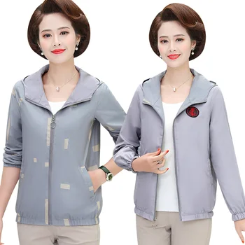 

Two Side Wear Women Coats And Jackets 2020 Spring Autumn Hooded Print Zipper Outerwear Plus Size Mother Clothing