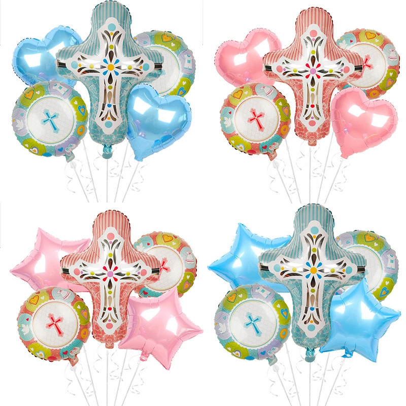 5pcs/set Baby's Baptism Balloons First Christening Baby Shower Pink