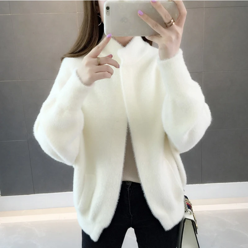 Sweater Women Cardigan Coat 2020 Autumn New Loose Imitation Mink Cashmere Tops Female Short Knit Outerwear AN298 |