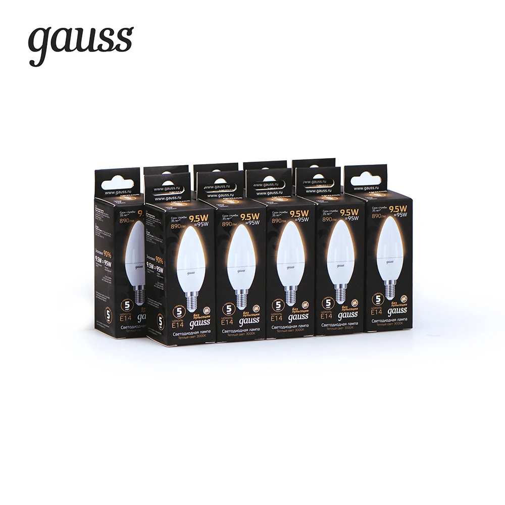Упаковка ламп GAUSS LED Свеча E14 9.5W 890lm 3000К 1/10/50, 10 штук, 103101110