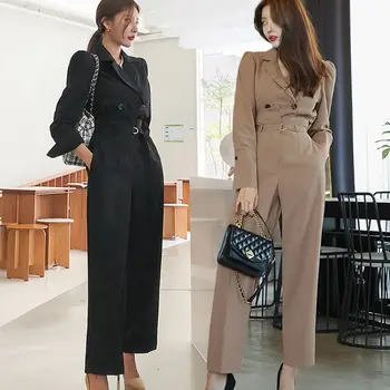 

High quality Formal Office Women Suits Autumn Double-breasted Notched Work Blazer + Fashion High waist OL Pants Formal 2 Pcs Set