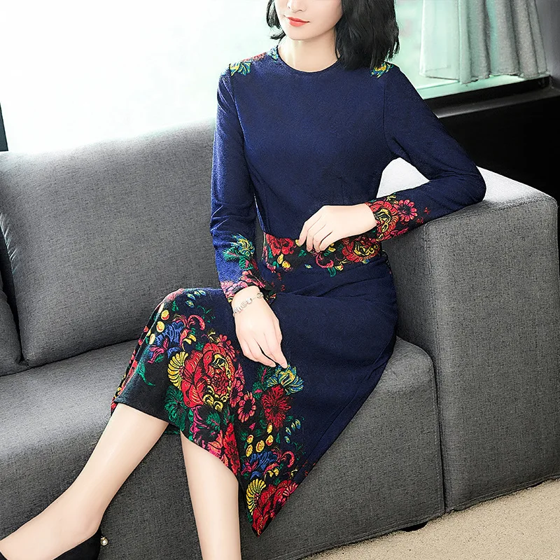 

2019 Spring Clothing New Style Elegant Dress Long Waist Hugging Slimming Red Printed Long Sleeve Long Skirts Slim Fit Women's
