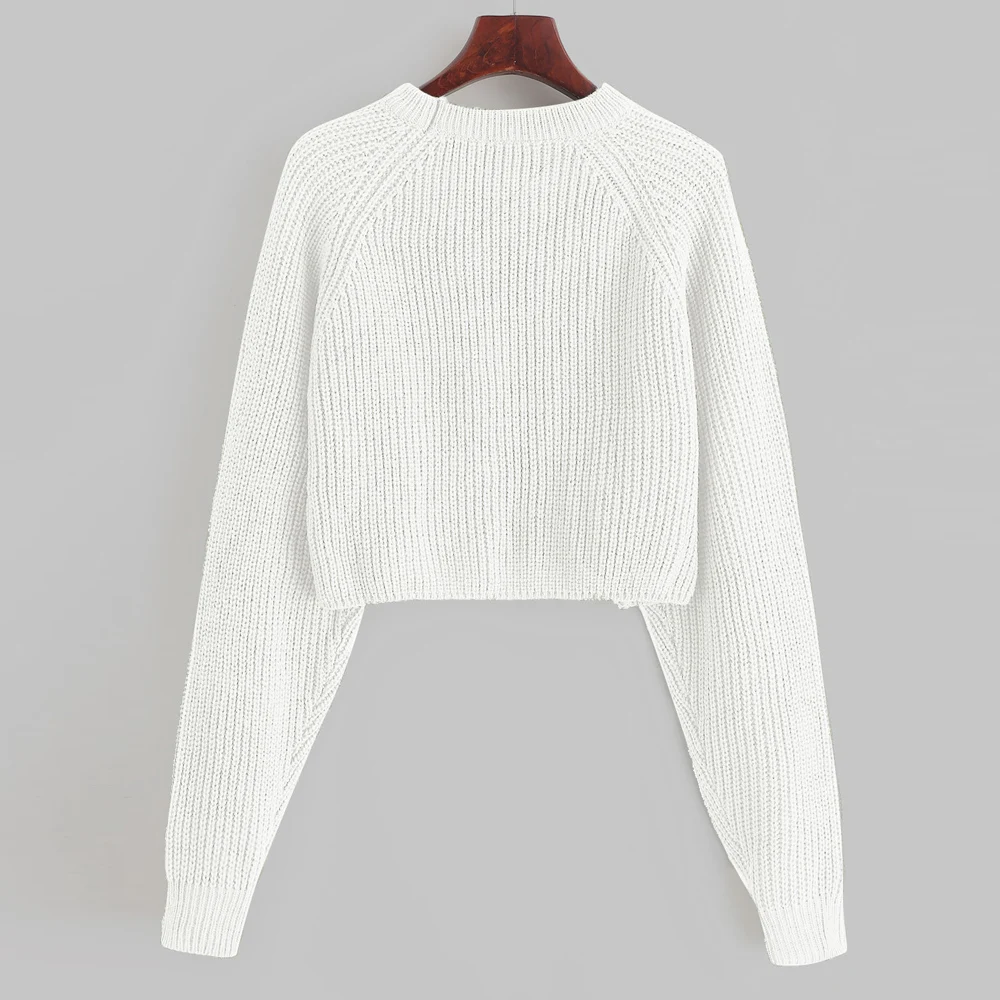 ZAFUL Women Crop Sweaters Knitted Women'S Pullovers Female O Neck Raglan Sleeve Short Warm Sweaters Fall Winter