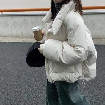 

HXJJP 2019 Winter New Vertical Collar Pocket Short Bread Parkas Wide-waisted Cotton Coat Woman's Solid Cotton Jacket